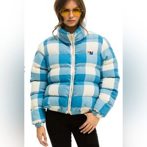 Aviator Nation APRES PLAID PUFFER JACKET - SKY PLAID size M Euc